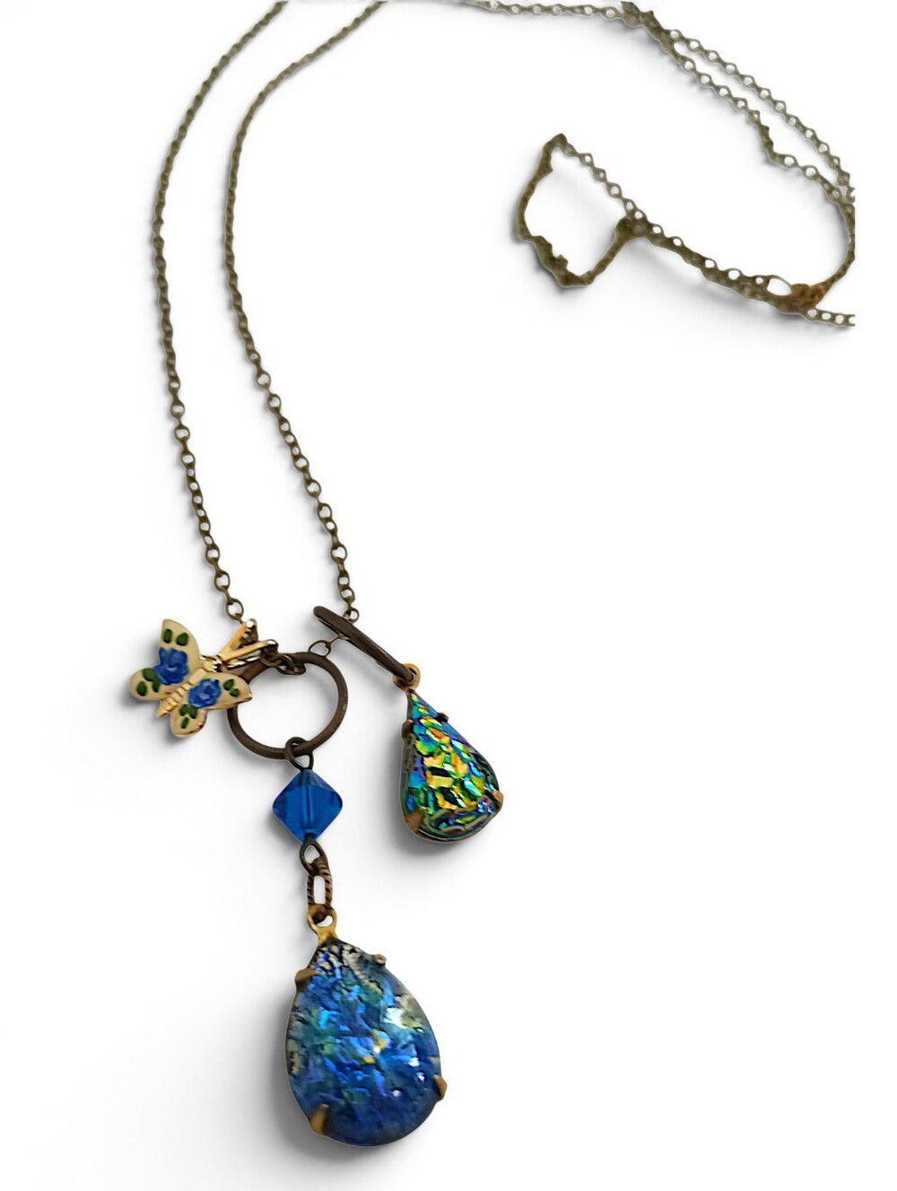 Butterfly charm Necklace vintage teardrop glass blue green sparkle art noveau